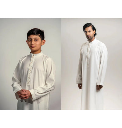 Modefa Thobe Men's Full Length Islamic Thobe 213 - Arabian Script Cream