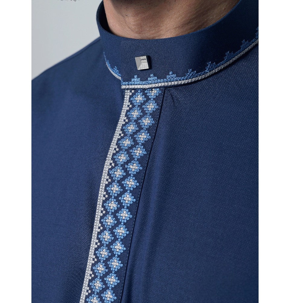 Men's Full Length Islamic Thobe 308 - Tatreez Teal Blue