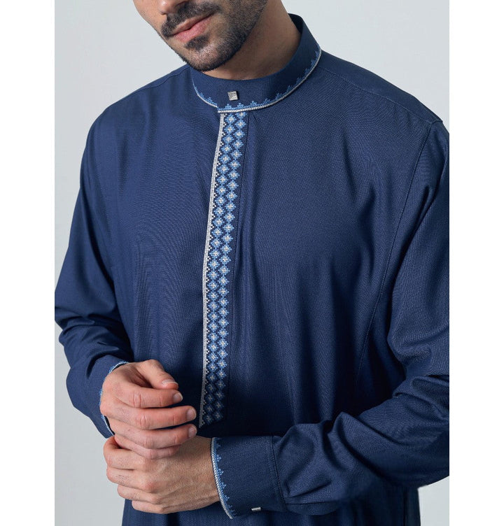 Men's Full Length Islamic Thobe 308 - Tatreez Teal Blue