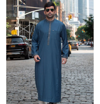 Modefa Thobe Men's Full Length Islamic Thobe 500 Checkered Blue
