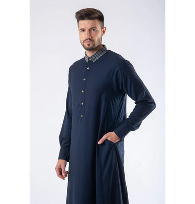 Modefa Thobe XL Men's Casual Full Length Islamic Thobe AAR2402 Knitted Collar Navy Blue