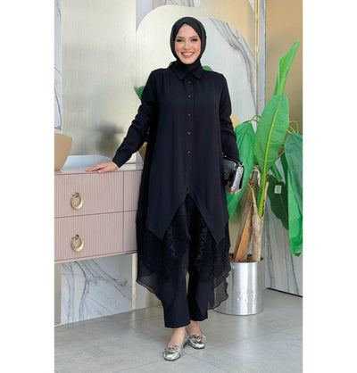 Modefa Tunic 38 Modest Muslim Women's Fancy Laced Tunic - 2758 Black
