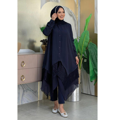 Modefa Tunic 38 Modest Muslim Women's Fancy Laced Tunic - 2758 Navy Blue