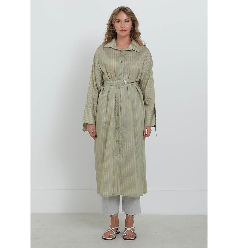 Modefa Tunic Almond Green Modest Muslim Women's Pinstripe Wide Cuff Tunic - 10701 Almond Green