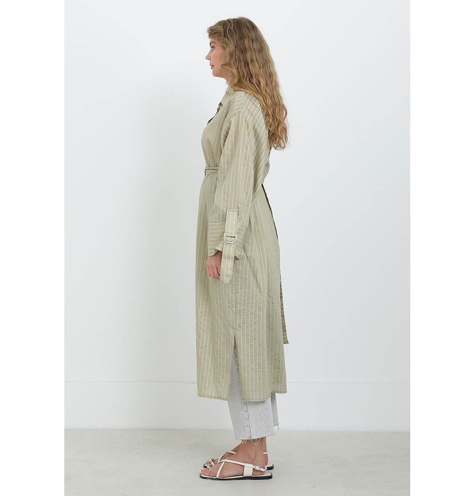 Modefa Tunic Almond Green Modest Muslim Women's Pinstripe Wide Cuff Tunic - 10701 Almond Green