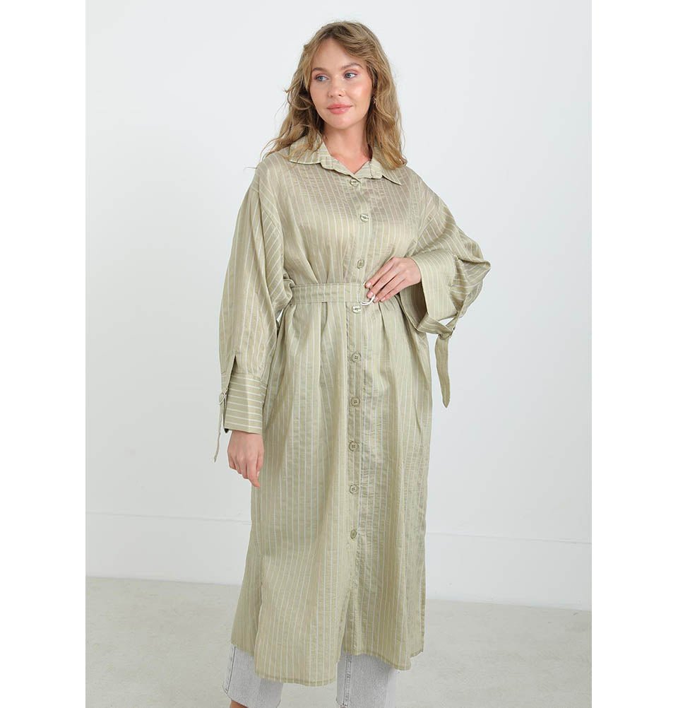 Modefa Tunic Almond Green Modest Muslim Women's Pinstripe Wide Cuff Tunic - 10701 Almond Green