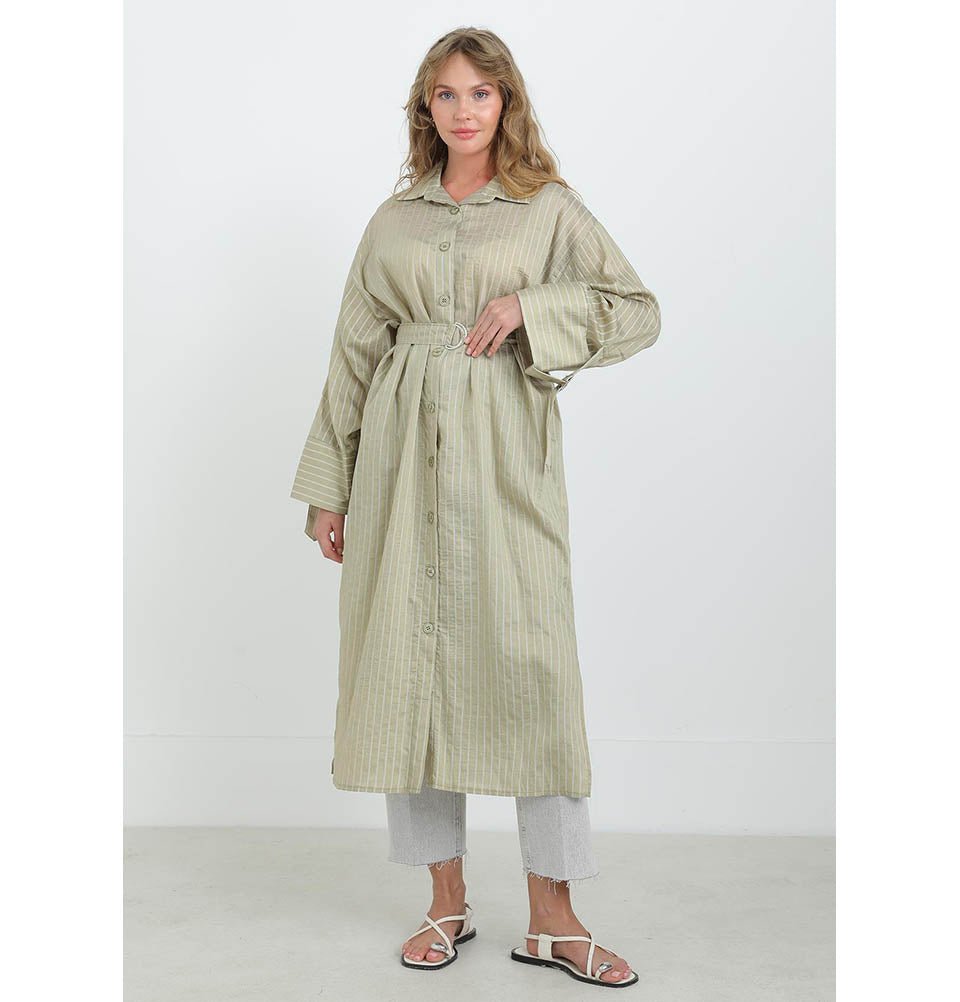 Modefa Tunic Almond Green Modest Muslim Women's Pinstripe Wide Cuff Tunic - 10701 Almond Green