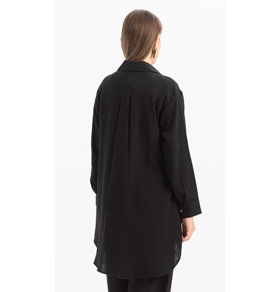 Modefa Tunic Modern Muslim Women's Cotton High Low Buttoned Tunic - M51335 Black