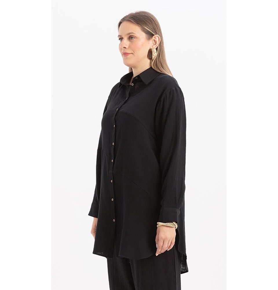 Modefa Tunic Modern Muslim Women's Cotton High Low Buttoned Tunic - M51335 Black