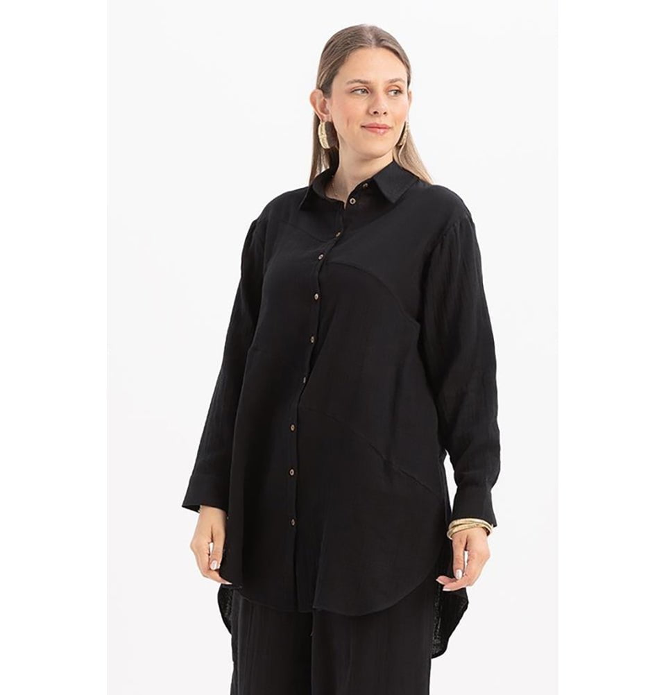 Modefa Tunic Modern Muslim Women's Cotton High Low Buttoned Tunic - M51335 Black