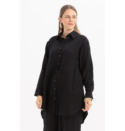 Modefa Tunic Modern Muslim Women's Cotton High Low Buttoned Tunic - M51335 Black