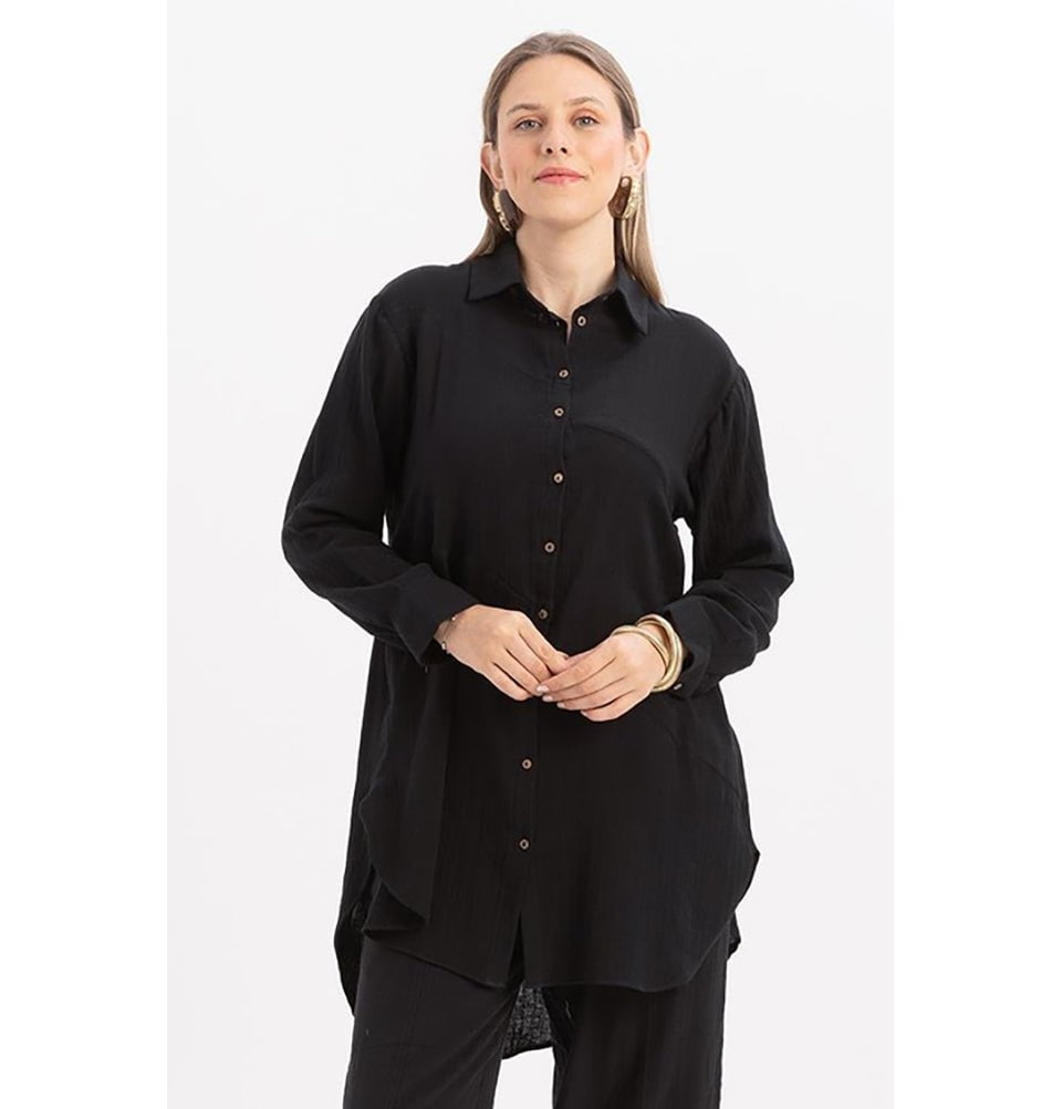 Modefa Tunic Modern Muslim Women's Cotton High Low Buttoned Tunic - M51335 Black