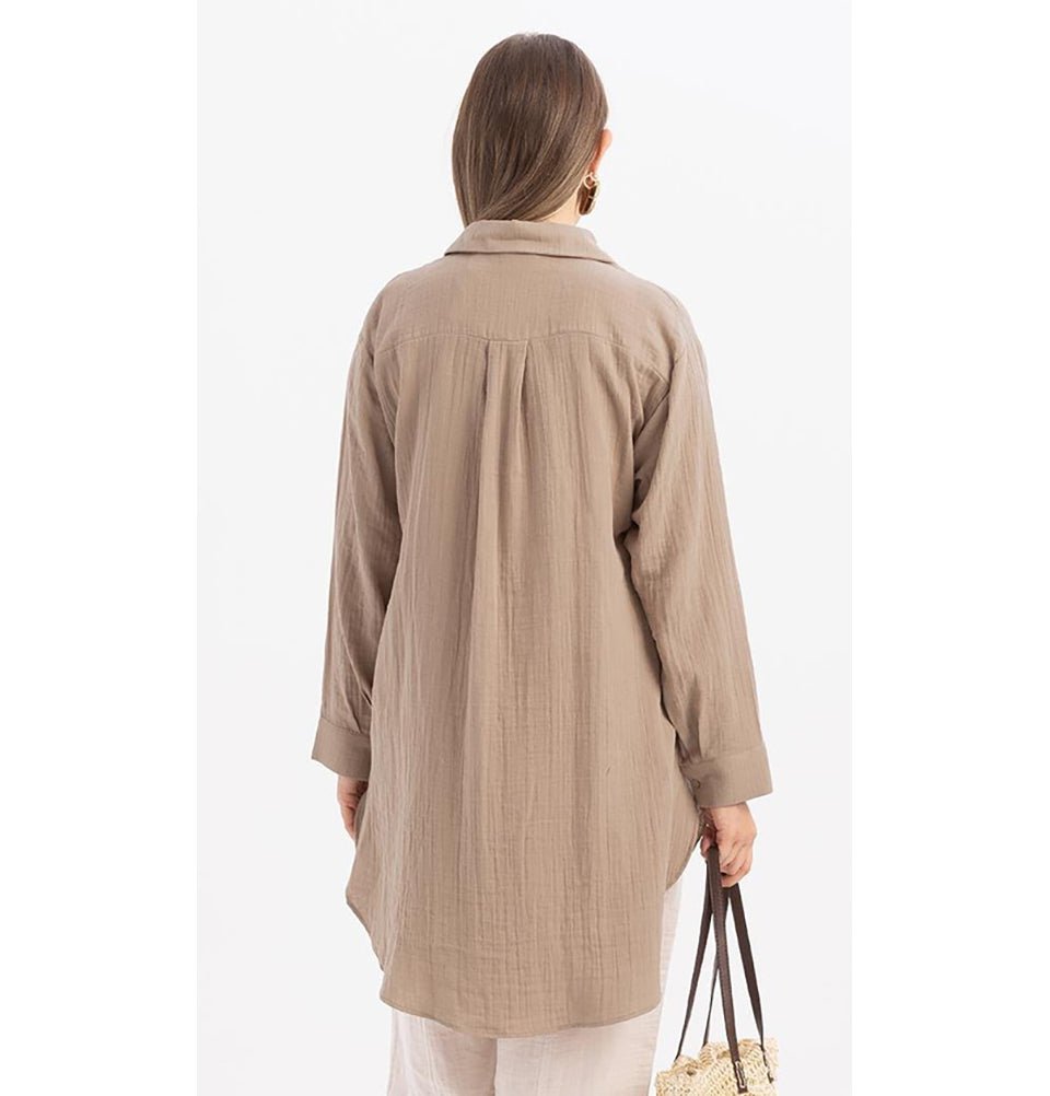 Modefa Tunic Modern Muslim Women's Cotton High Low Buttoned Tunic - M51335 Mink