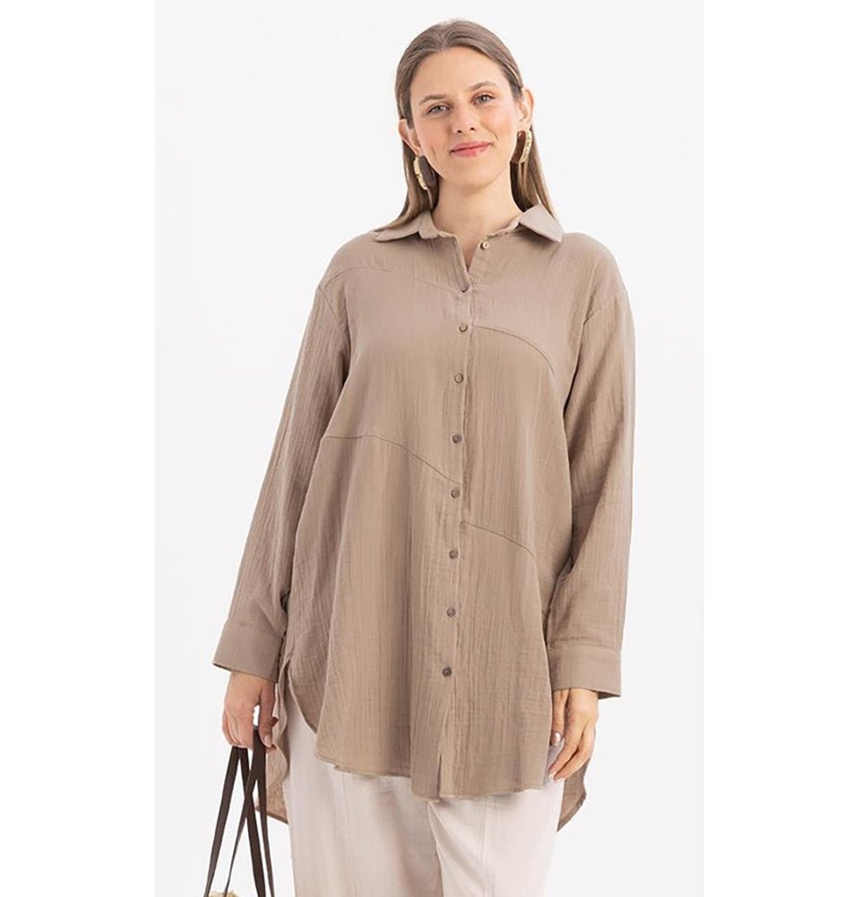Modefa Tunic Modern Muslim Women's Cotton High Low Buttoned Tunic - M51335 Mink