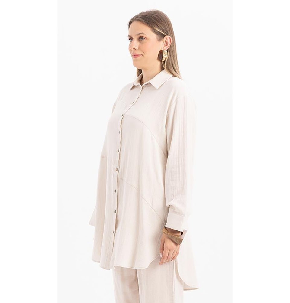 Modefa Tunic Modern Muslim Women's Cotton High Low Buttoned Tunic - M51335 Stone Beige