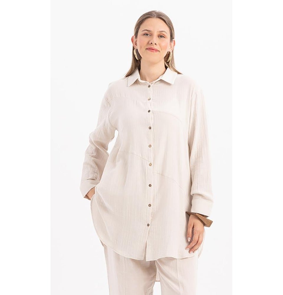 Modefa Tunic Modern Muslim Women's Cotton High Low Buttoned Tunic - M51335 Stone Beige