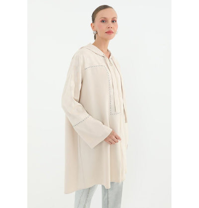 Modefa Tunic Modern Muslim Women's Embellished Zip Up Hoodie Tunic - 10445 Beige