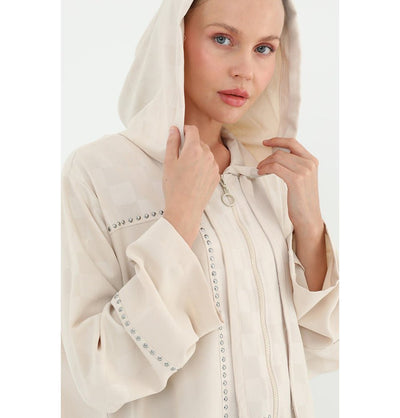Modefa Tunic Modern Muslim Women's Embellished Zip Up Hoodie Tunic - 10445 Beige