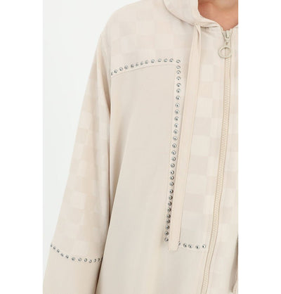 Modefa Tunic Modern Muslim Women's Embellished Zip Up Hoodie Tunic - 10445 Beige