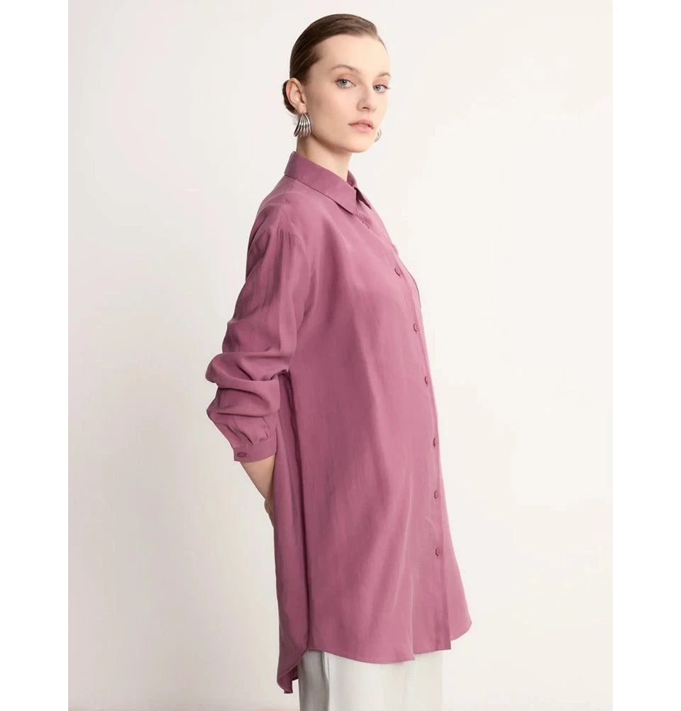 Modefa Tunic Modern Muslim Women's High-Low Buttoned Tunic- 4373 - Mauve
