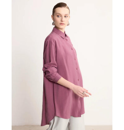 Modefa Tunic Modern Muslim Women's High-Low Buttoned Tunic- 4373 - Mauve