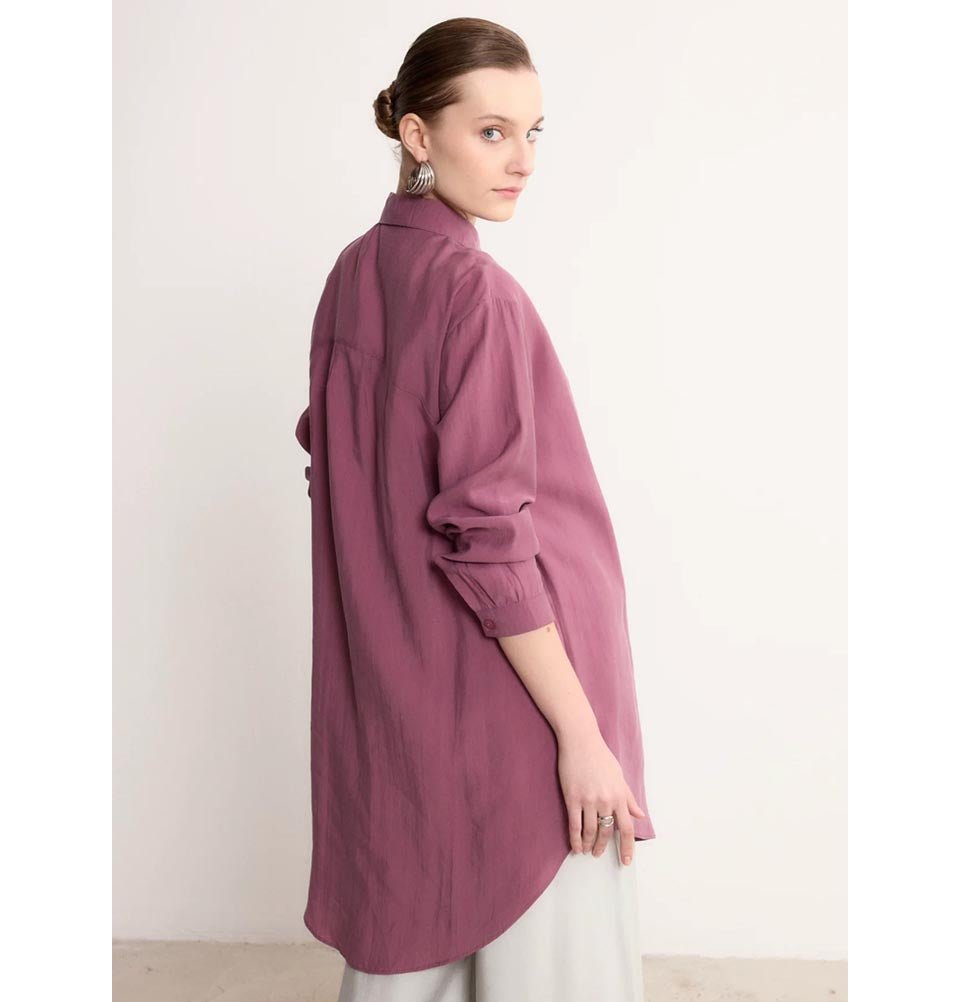 Modefa Tunic Modern Muslim Women's High-Low Buttoned Tunic- 4373 - Mauve