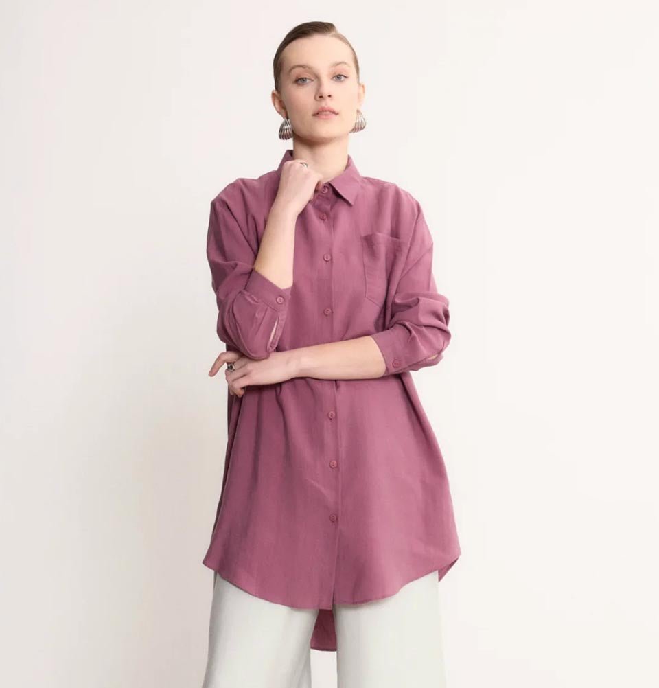 Modefa Tunic Modern Muslim Women's High-Low Buttoned Tunic- 4373 - Mauve