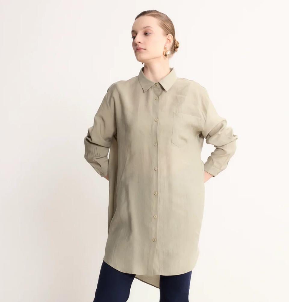 Modefa Tunic Modern Muslim Women's High-Low Buttoned Tunic- 4373 - Stone Beige