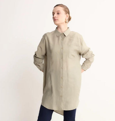 Modefa Tunic Modern Muslim Women's High-Low Buttoned Tunic- 4373 - Stone Beige
