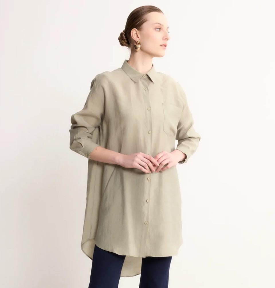 Modefa Tunic Modern Muslim Women's High-Low Buttoned Tunic- 4373 - Stone Beige