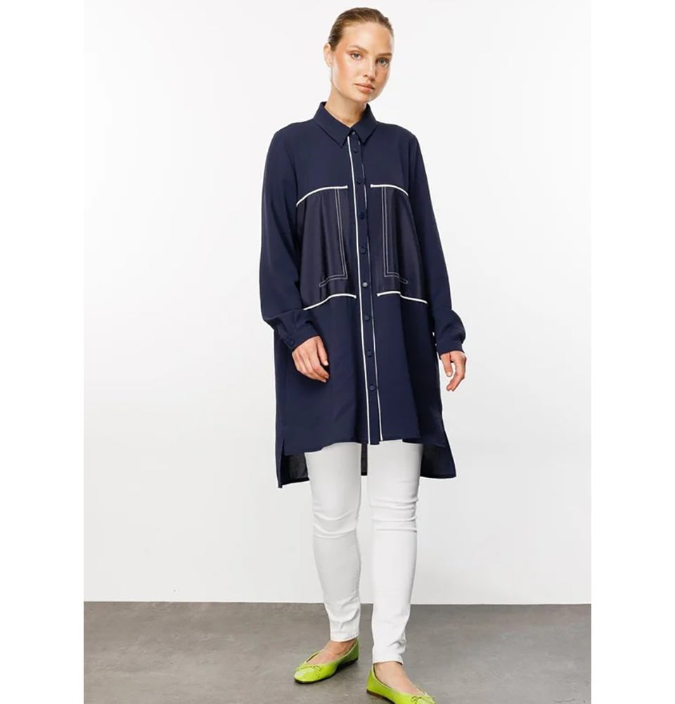 modern tunic dress Modern Muslim Women's High Low Hem Fashion Tunic -241872 Navy Blue