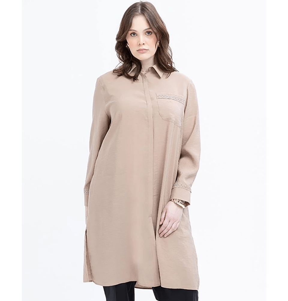 Modefa Tunic Modern Muslim Women's Modal Tunic with Lace - M51318 Mink
