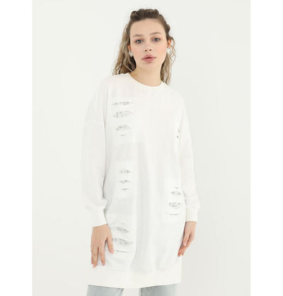 Modefa Tunic Modern Muslim Women's Ripped Sweater with Rhimestones - 10409 White