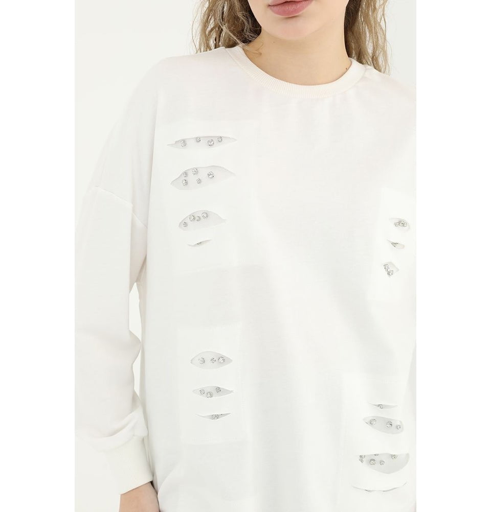 Modefa Tunic Modern Muslim Women's Ripped Sweater with Rhimestones - 10409 White