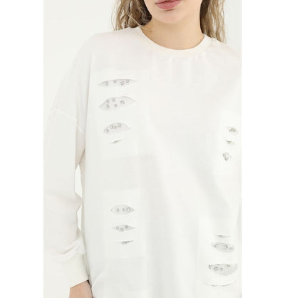 Modefa Tunic Modern Muslim Women's Ripped Sweater with Rhimestones - 10409 White