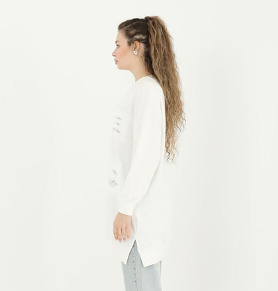 Modefa Tunic Modern Muslim Women's Ripped Sweater with Rhimestones - 10409 White
