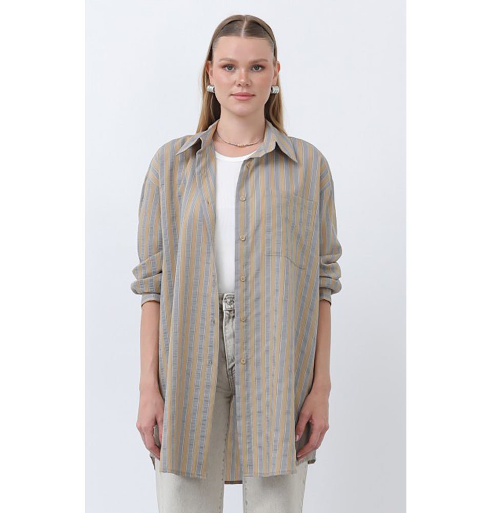 Modefa Tunic Modern Muslim Women's Striped Overshirt Tunic - 10671 - Brown
