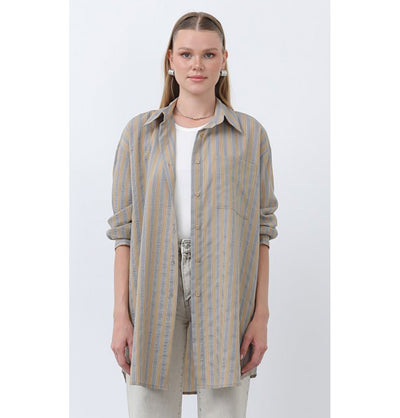 Modefa Tunic Modern Muslim Women's Striped Overshirt Tunic - 10671 - Brown