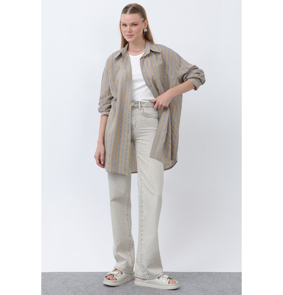 Modefa Tunic Modern Muslim Women's Striped Overshirt Tunic - 10671 - Brown
