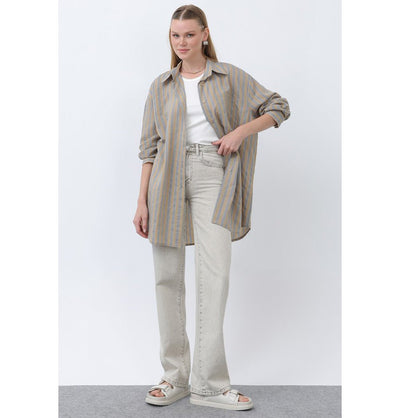Modefa Tunic Modern Muslim Women's Striped Overshirt Tunic - 10671 - Brown