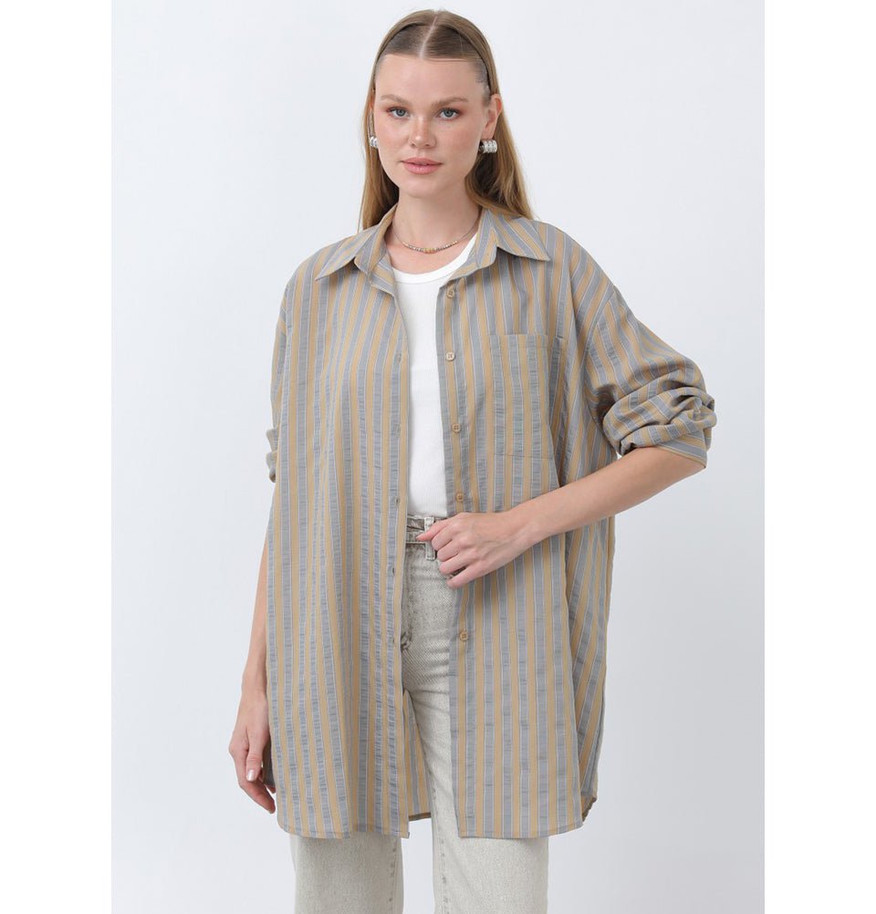 Modefa Tunic Modern Muslim Women's Striped Overshirt Tunic - 10671 - Brown