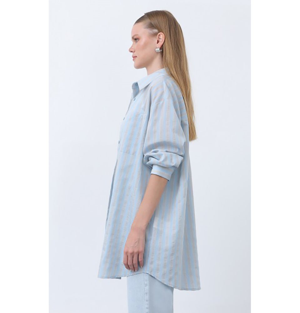 Modefa Tunic Modern Muslim Women's Striped Overshirt Tunic - 10671 - Light Blue