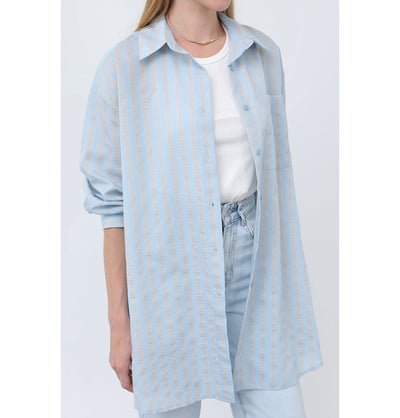Modefa Tunic Modern Muslim Women's Striped Overshirt Tunic - 10671 - Light Blue