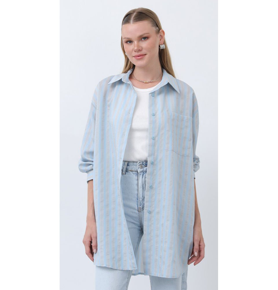 Modefa Tunic Modern Muslim Women's Striped Overshirt Tunic - 10671 - Light Blue