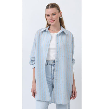 Modefa Tunic Modern Muslim Women's Striped Overshirt Tunic - 10671 - Light Blue