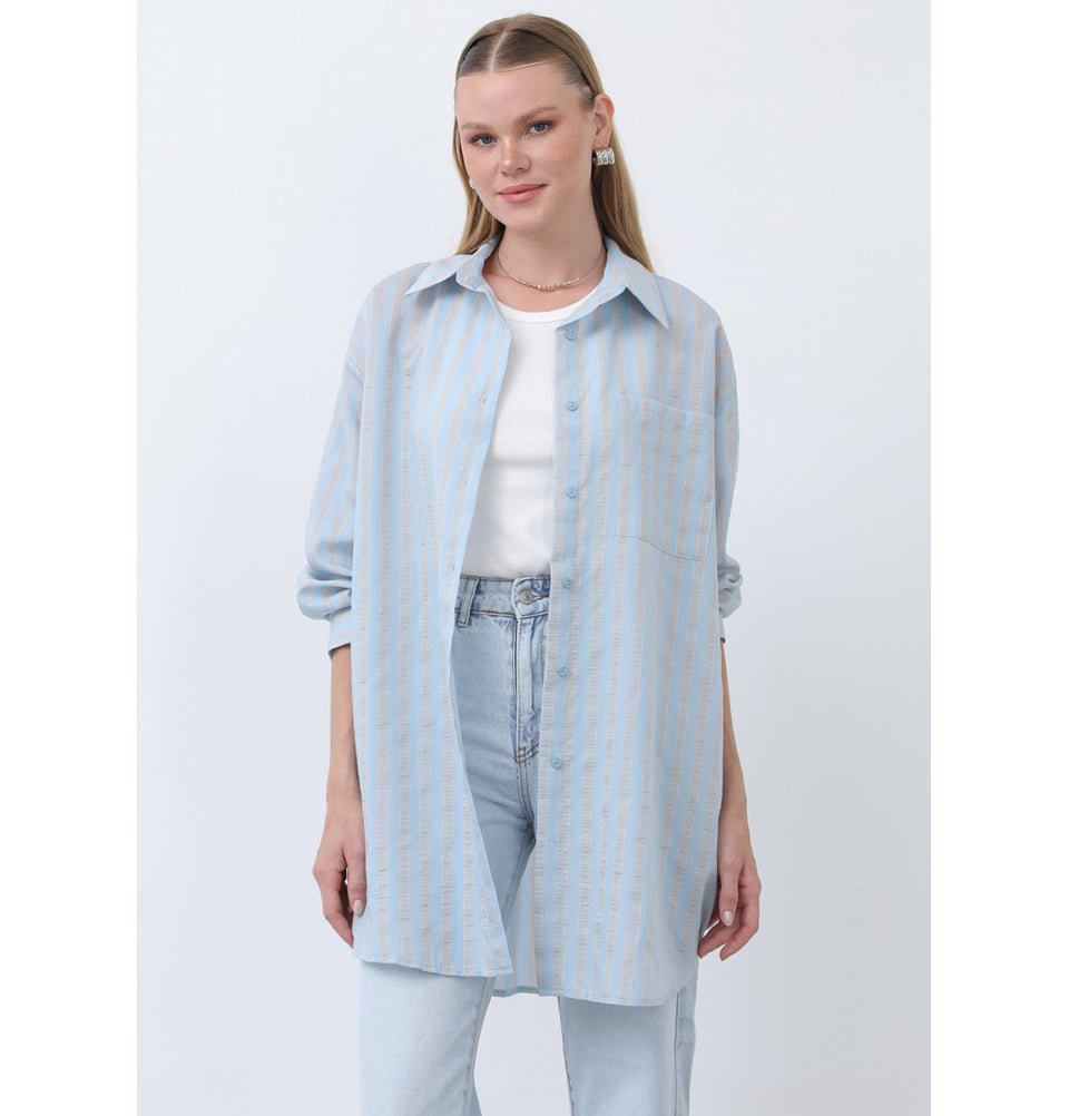 Modefa Tunic Modern Muslim Women's Striped Overshirt Tunic - 10671 - Light Blue