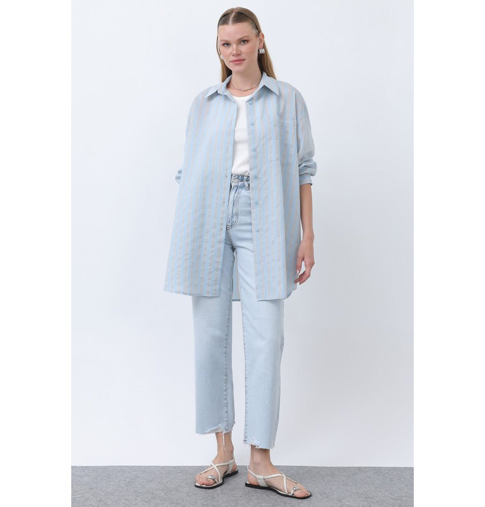 Modefa Tunic Modern Muslim Women's Striped Overshirt Tunic - 10671 - Light Blue