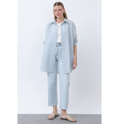 Modefa Tunic Modern Muslim Women's Striped Overshirt Tunic - 10671 - Light Blue