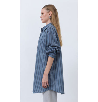 Modefa Tunic Modern Muslim Women's Striped Overshirt Tunic - 10671 - Navy Blue