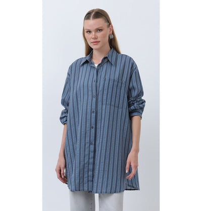 Modefa Tunic Modern Muslim Women's Striped Overshirt Tunic - 10671 - Navy Blue